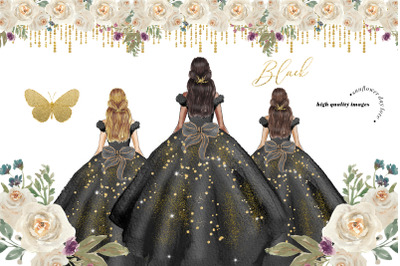 Elegant Black and Gold Glitter Princess Clipart, Gold Flowers clipart,