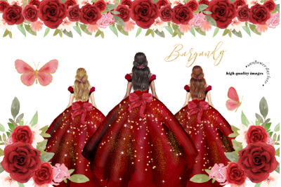Burgundy Gold Princess Dress Clipart, Burgundy Flowers clipart