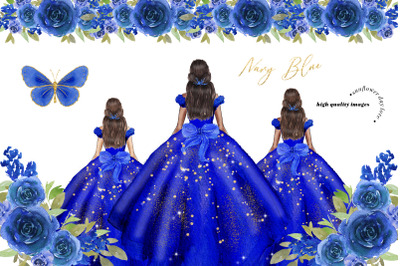 Navy Blue Princess Dresses Clipart, Navy Flowers Clipart