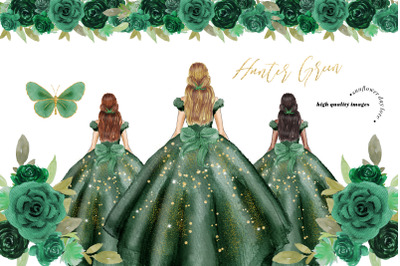 Hunter Green Princess Dress Clipart, Green Flowers