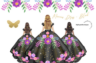 Mexican Black and Purple Princess Clipart, Gold Flowers Clipart
