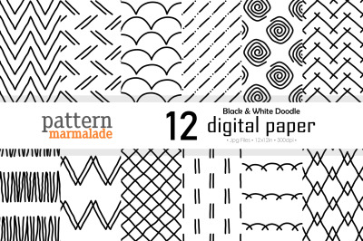 Black And White Doodle Digital Paper - Doodle/Line/Dot/Chevron For Per
