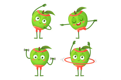 Cartoon apple character do fitness and sport