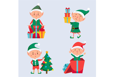 Christmas elf character with tree and gift box