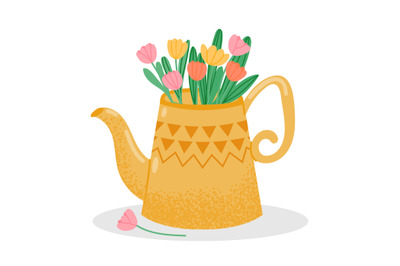 Cute teapot with bouquet of flowers isolated