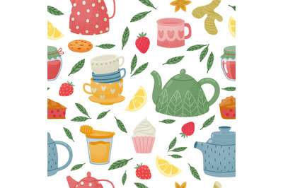 Decorative tea time seamless pattern with teapot and cup