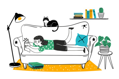 Hand drawn reader girl enjoying hobby lie in sofa