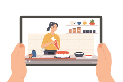 Hands holding tablet with culinary broadcast by vlogger