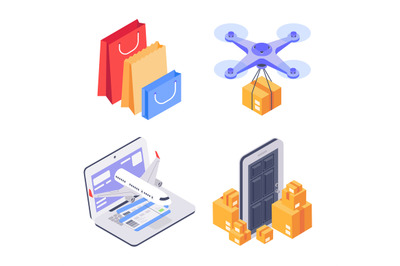 Isometric shopping icon concept, make order and delivery