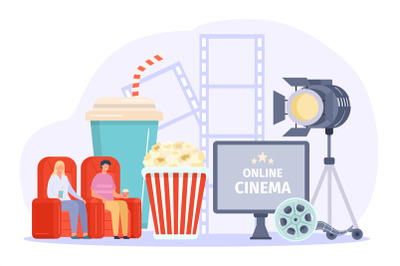 Online cinema concepts, watch movie with soda and popcorn at home