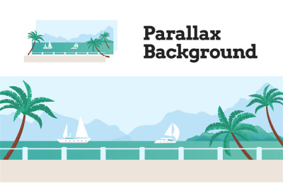 Parallax effect scene with seafront, coast line embankment with palm