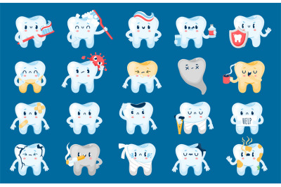 Good and bad tooth. Healthy cartoon characters and with dental problem