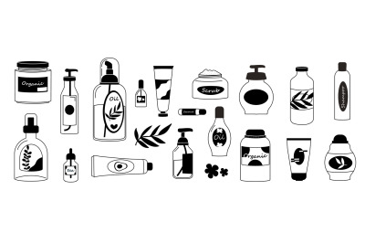 Doodle cosmetic packaging. Hand drawn skin care treatment and make up