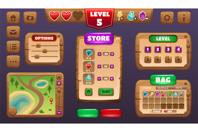 Game UI kit. Cartoon menu and interface constructor asset, RPG game el