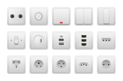 Socket and switch. Realistic AC power equipment, electric current wall