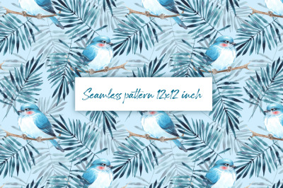 Seamless watercolor pattern with blue leaves and birds