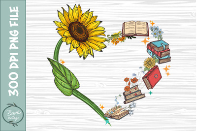 Love Books Heart Sunflower Floral Book