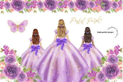 Elegant Pastel Purple Princess Dress Clipart, Purple Flowers Clipart