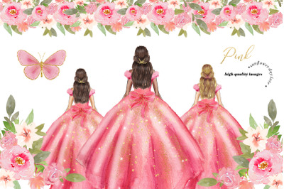 Pink Gold Dresses Quinceaera Clipart,  Pink Flowers Clipart