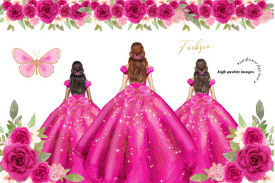 Fuchsia Pink Princess Dresses Quinceaera,  Pink Flowers Clipart