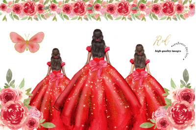 Elegant Red Miss Quince Clipart, Red Flowers clipart , Mexican Dresses