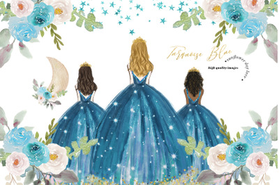 Turquoise Blue Princess Dresses Clipart, Over the moon