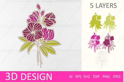 Flowers 3d layered paper cut, Floral bouquet laser cut