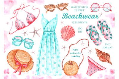 Beachwear watercolor clipart. Summer women&#039;s clothing clipart.