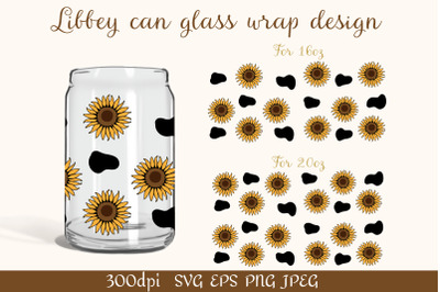 Beer can glass wrap design 16oz | Sunflower and cow spots SVG