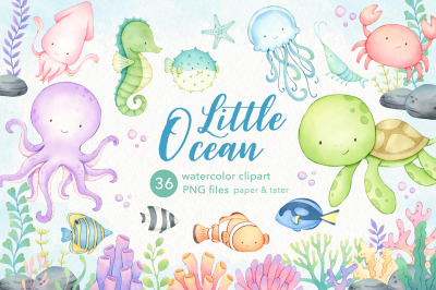 Watercolor Sea Animals Clipart, Cute Ocean Baby Animals PNG