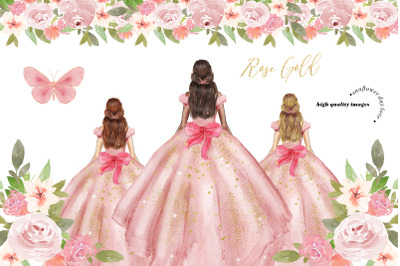 Rose Gold Princess Dresses Clipart, Rose Gold Butterfly