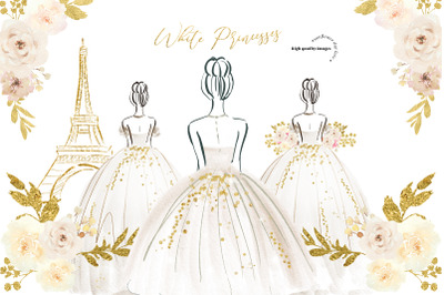 Elegant White and Gold Glitter Princess Clipart, Eiffel tower Paris