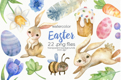 Watercolor Easter Bunny Clipart - PNG Files