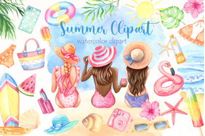 Summer Watercolor Clipart |Beach png Bundle | Friends PNG.