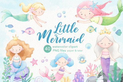 Watercolor Mermaid Clipart, Cute Mermaids PNG