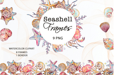 Watercolor seashells frames clipart