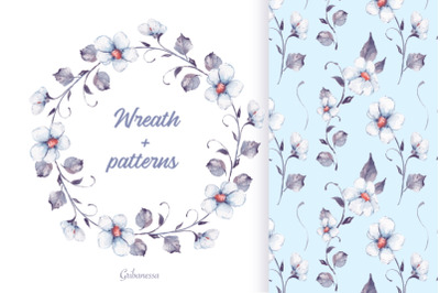 Wreath and 4 patterns. White flowers