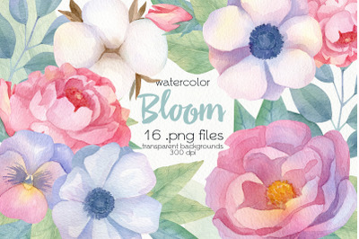 Watercolor Spring Flowers Clipart - PNG Files