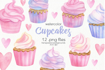 Watercolor Cupcakes Clipart - PNG Files