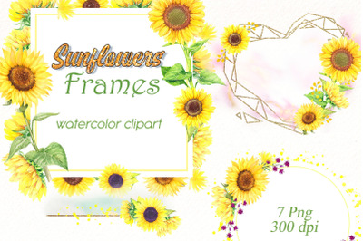 Watercolor Sunflower frame clipart | Summer Floral Png.