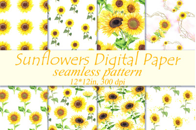 Sunflowers seamless pattern | Watercolor yellow flowers  paper.