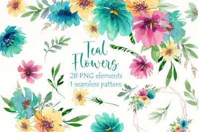 Watercolor Floral clipart Bundle |  Teal flowers bouquets png.