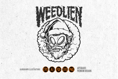 Alien head santa smoking with weed word lettering monochrome svg
