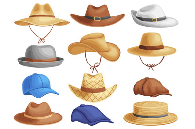 Male summer hats. Man headgear, cowboy straw head accessories and peak