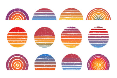 Retro sun circles. Vintage striped sunset and retro sunrise gradient l