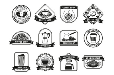 Coffee shop badges. Cafe labels with espresso cup, coffee pot and arab