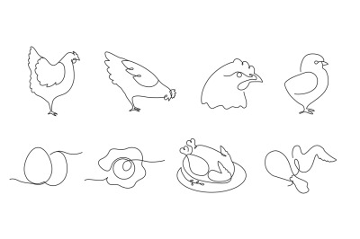 One line chickens. Farm bird, chicken meat and eggs continuous line il