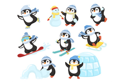 Penguin in winter activities. Little cute cartoon penguins characters