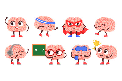 Brain character. Happy smart mascot, super hero mind and intellectual