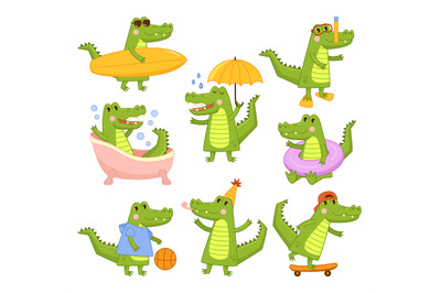 Cartoon alligator. Cool green crocodile surfer and diver, takes bath a